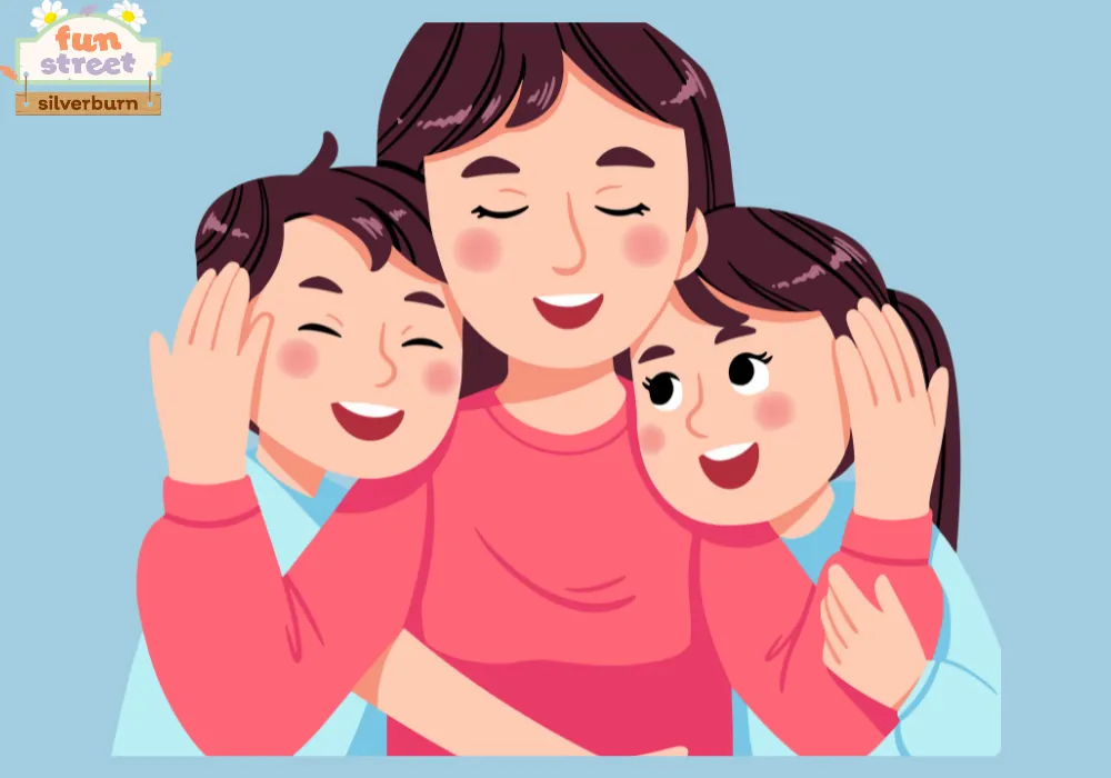Flat illustration of a smiling parent hugging two children, with the Fun Street Silverburn logo
