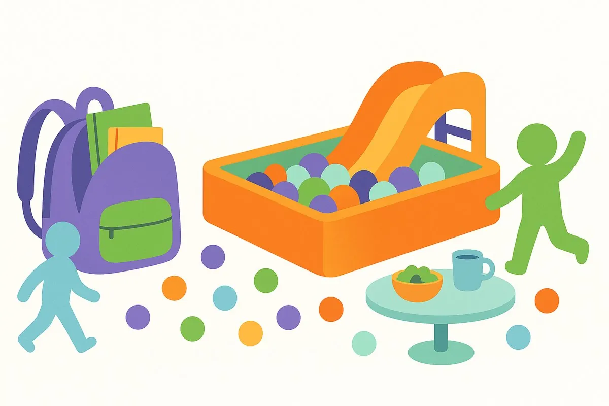 Flat illustration of a school backpack beside a soft play ball pit and slide with a childrens meal on a table, in Fun Street brand colours