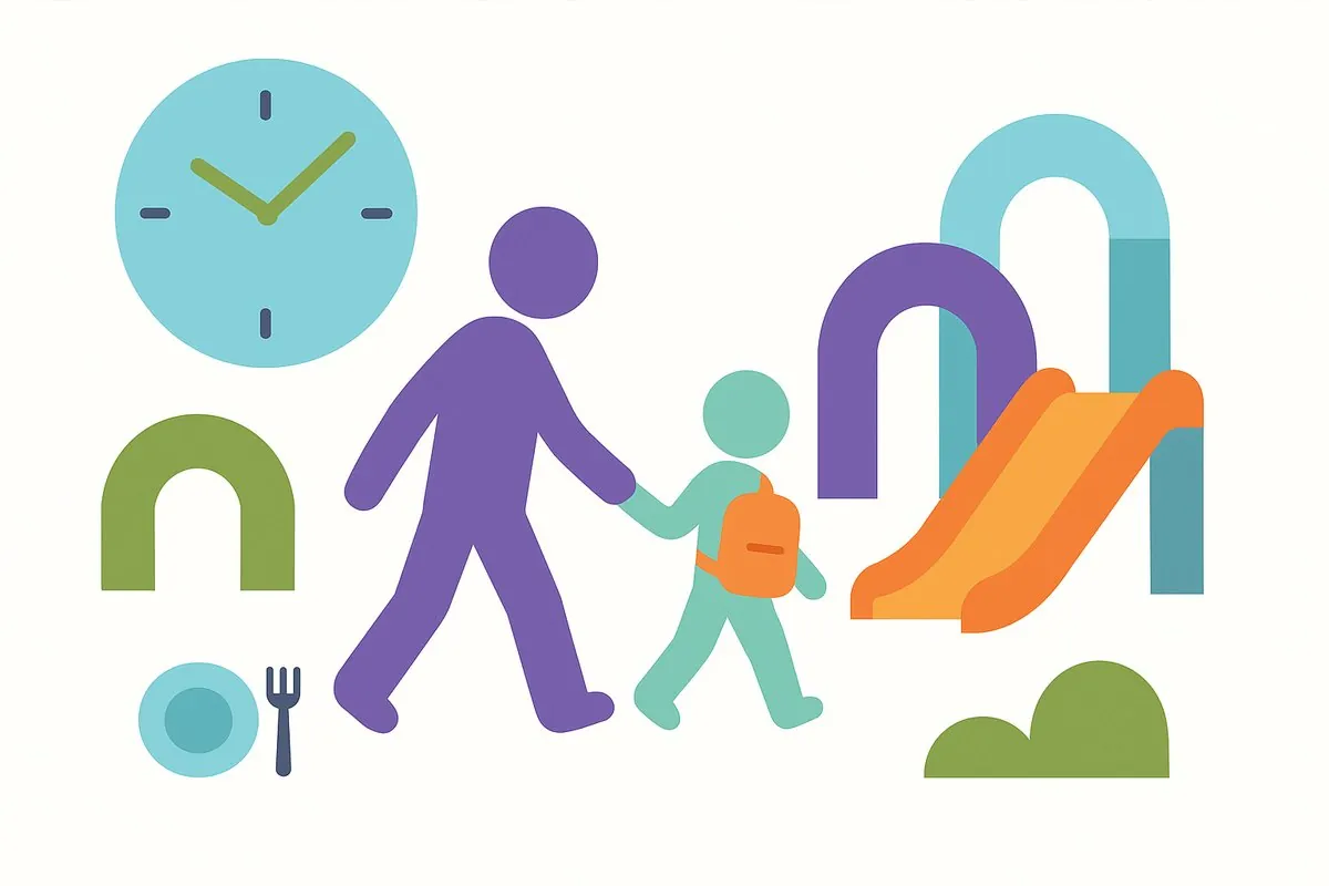 Flat illustration of a parent and child walking from school towards soft play arches and a slide, with a clock and meal plate, in Fun Street brand colours