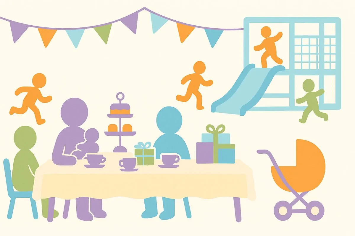 Flat illustration of a family celebration in an indoor play centre with a long table, bunting, a cake stand, gifts, a pram and a soft play frame behind
