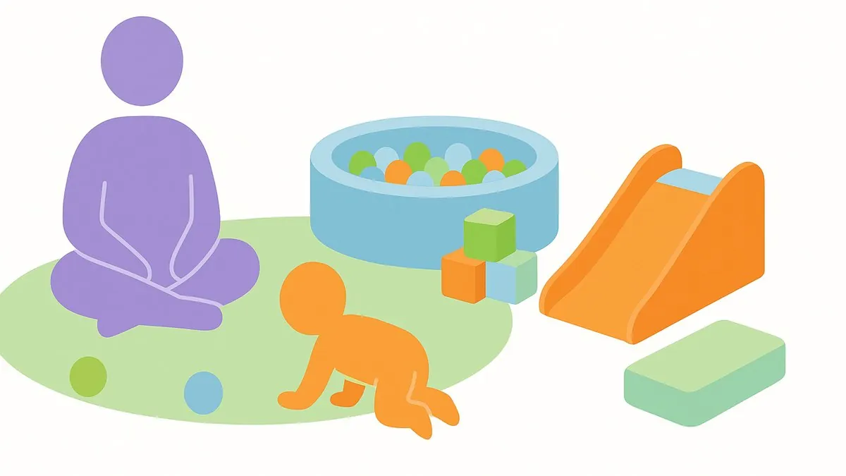Flat brand colour illustration of Fun Street's padded baby zone, with a parent sitting on the mat beside a crawling baby, a ball pit, soft blocks and a mini slide