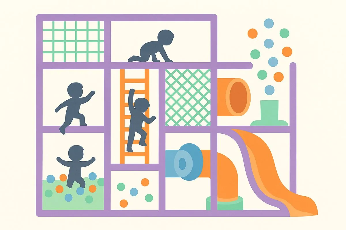 Flat illustration of children climbing a multi level soft play frame with a slide and ball pit at Fun Street Glasgow