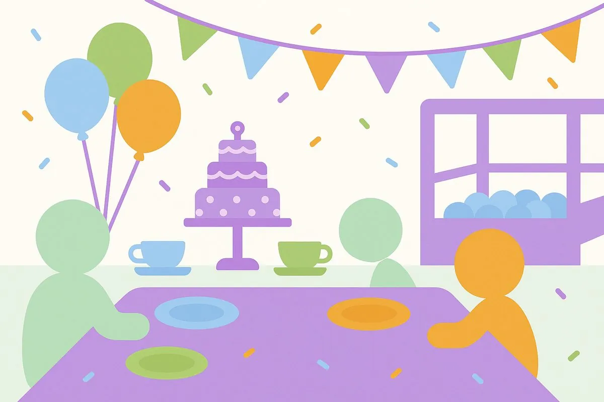 Flat illustration of a family celebration table with bunting, balloons, a cake stand and teacups beside a soft play frame
