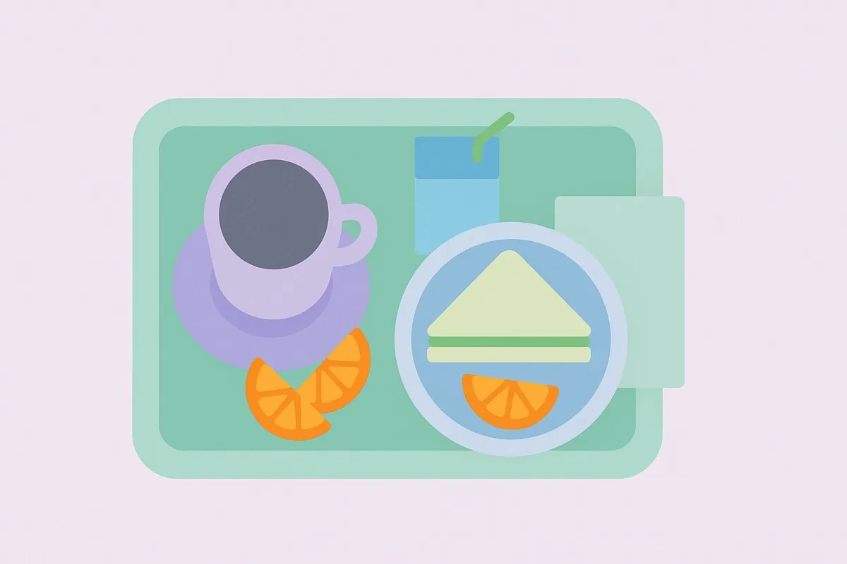 Illustration of a family café tray from above with a coffee, a juice carton, a sandwich and orange segments