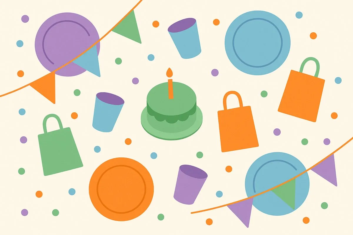 Flat overhead illustration of a celebration table with plates, cups, a small round cake, party bags and confetti