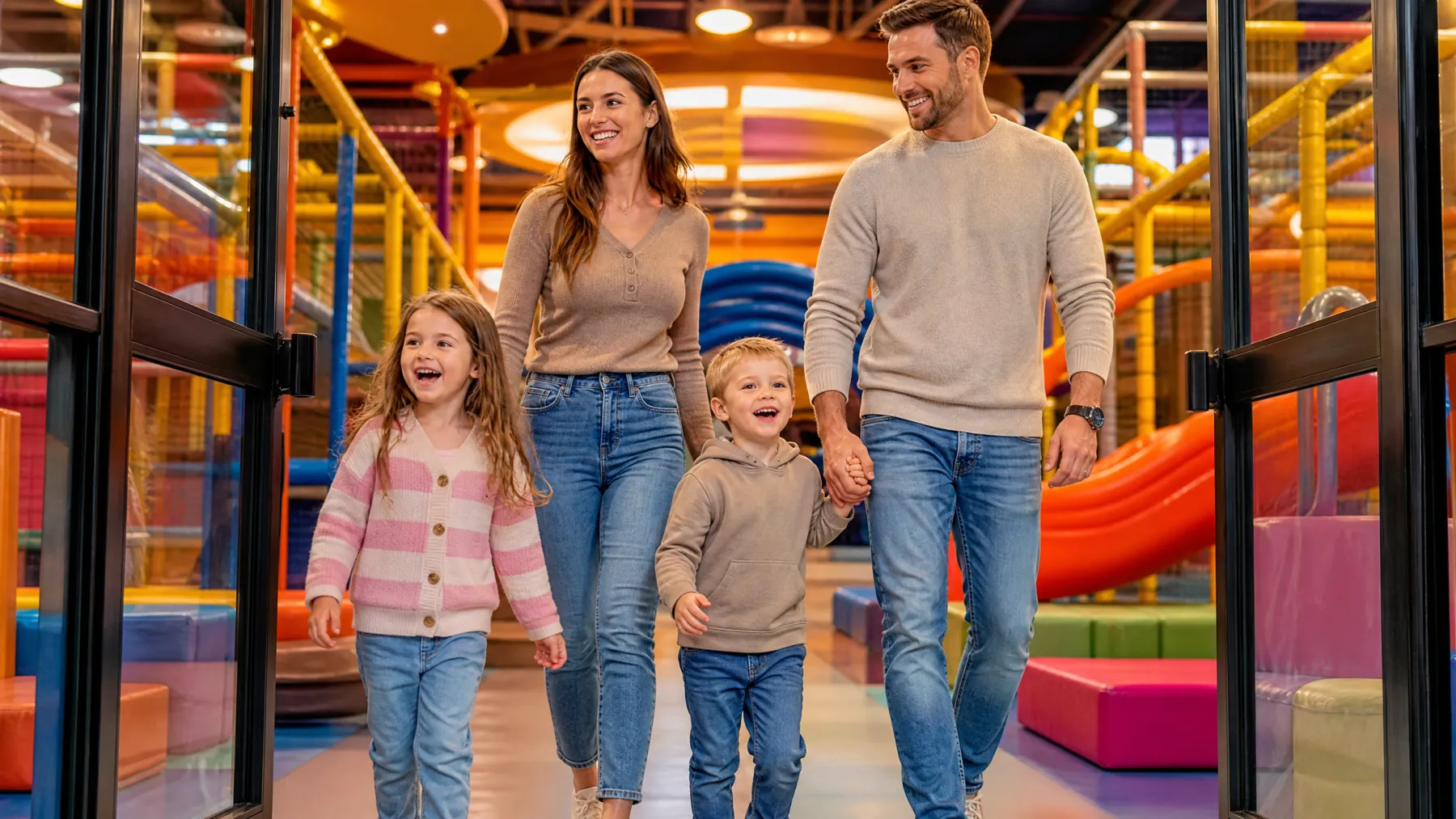 Happy family arriving at an indoor soft play centre near Newton Mearns