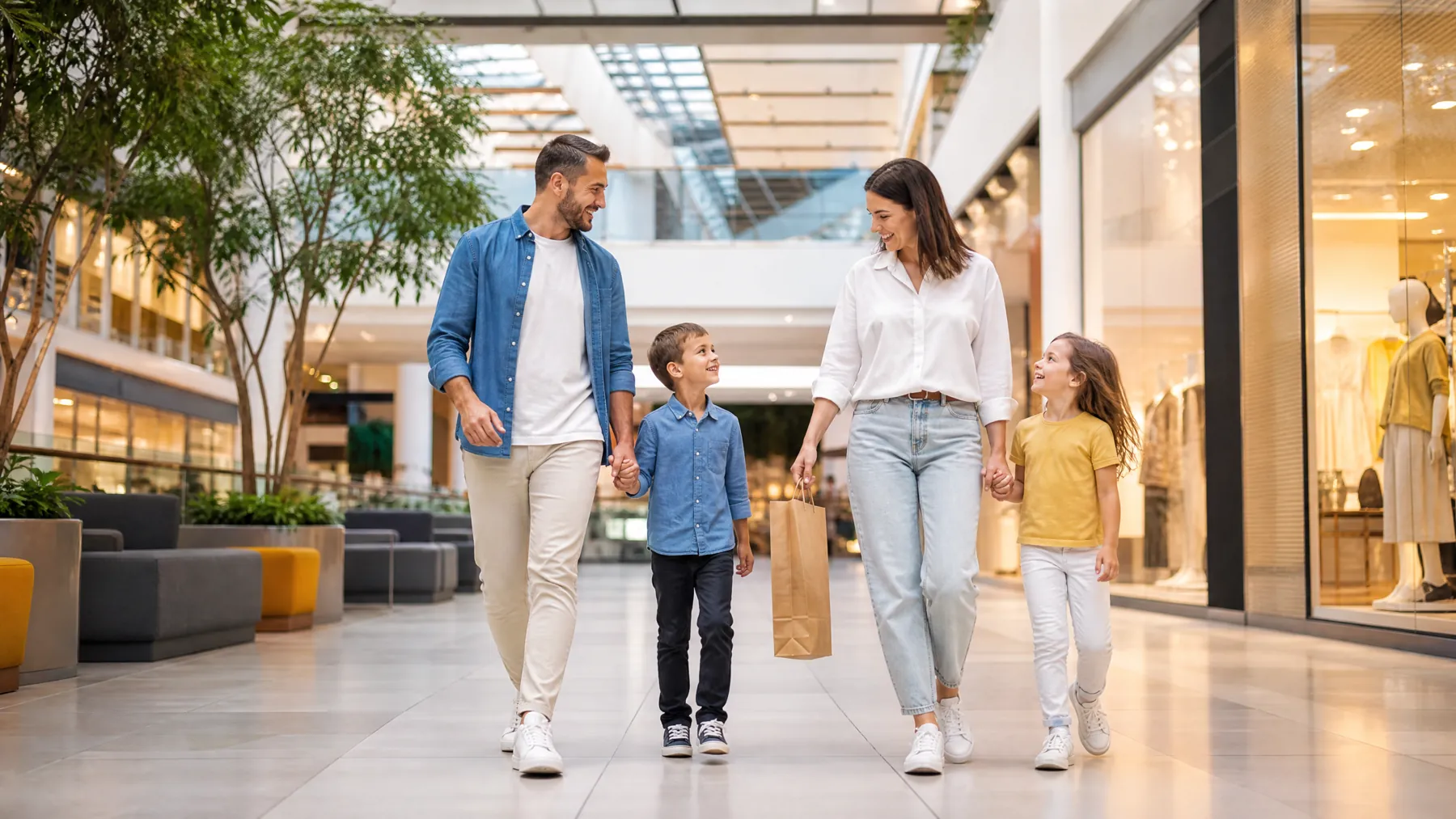 Happy family walking through a modern shopping centre on a family day out