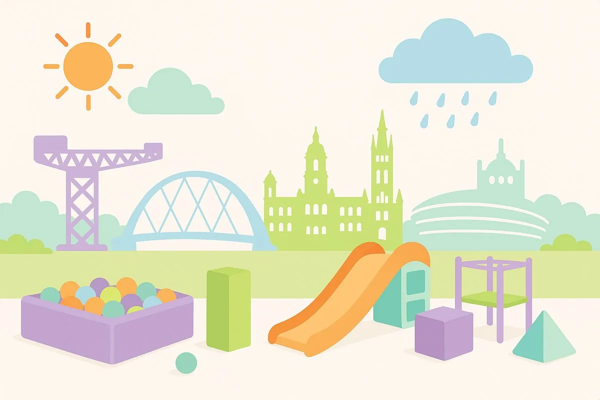 Colourful illustration of Glasgow landmarks and soft play equipment under a sunny and rainy sky, for a Fun Street guide to August family activities