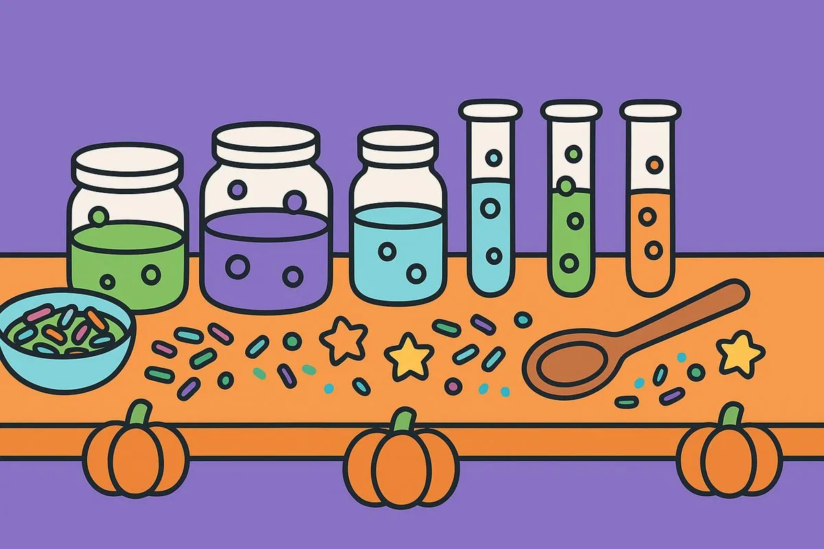Illustrated potion lab table with bubbling jars, test tubes and small pumpkins for the Fun Street Halloween party