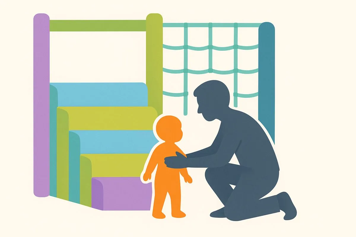 Flat illustration of a parent encouraging a young child at the foot of a soft play climbing frame