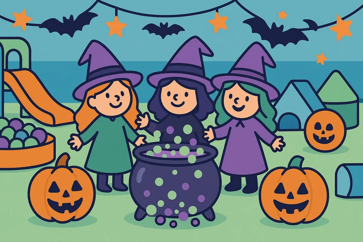 Illustrated Halloween party at Fun Street Glasgow with three friendly witches, a bubbling cauldron, pumpkins and soft play slides