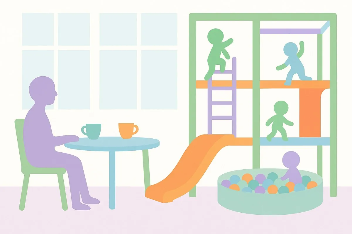 Flat illustration of a parent with coffee at a cafe table with a clear view of children playing on an indoor soft play frame