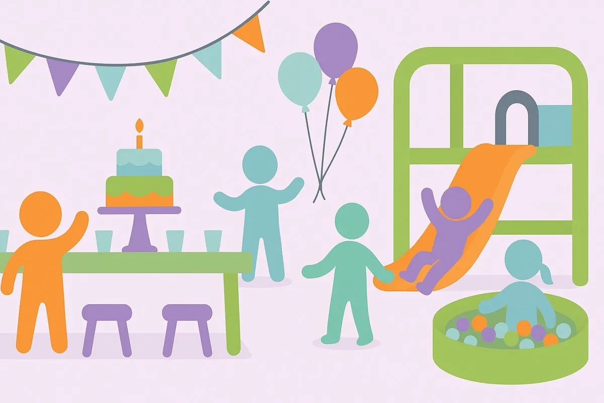 Illustration of a childrens birthday party in an indoor soft play centre with a cake table, bunting, balloons and a slide