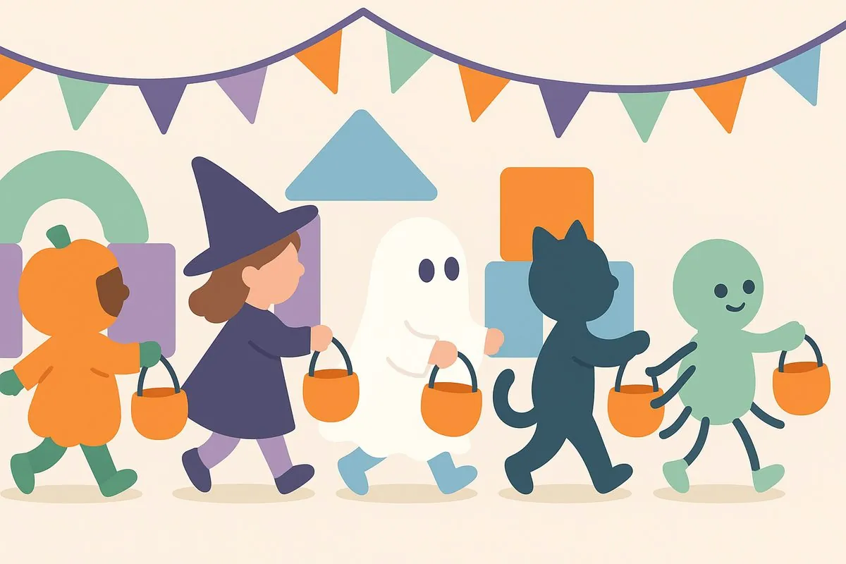 Illustrated line of children in pumpkin, witch, ghost, cat and spider costumes carrying trick or treat buckets at an indoor soft play centre