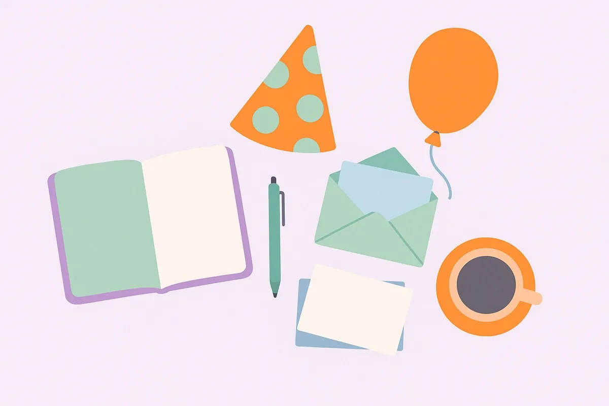 Illustration from above of birthday party planning items: an open notebook, a pen, invitation cards, a party hat, a balloon and a coffee