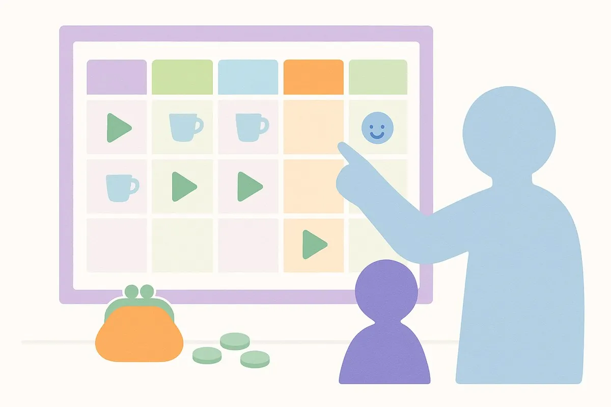 Flat illustration of a parent planning weekday soft play visits on a family calendar with a purse and coins nearby