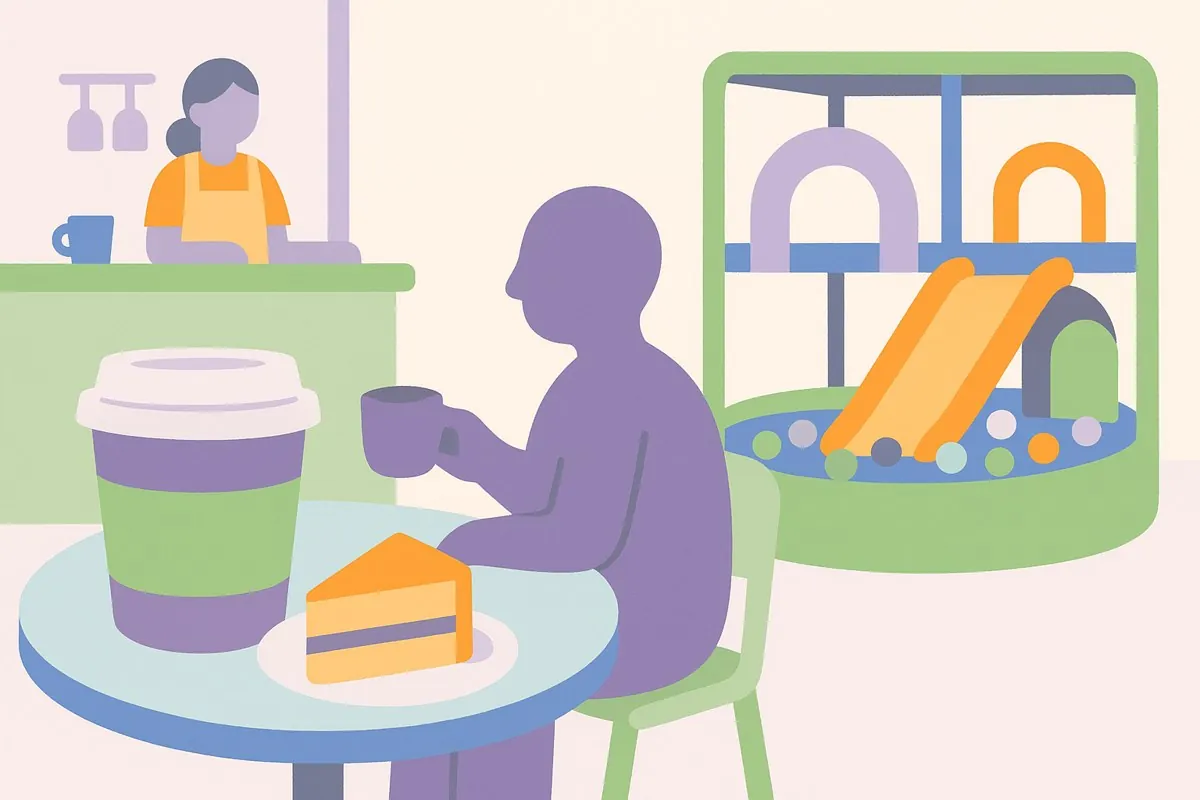 Illustration of a parent with a coffee at a cafe table beside an indoor soft play frame with a slide and ball pit