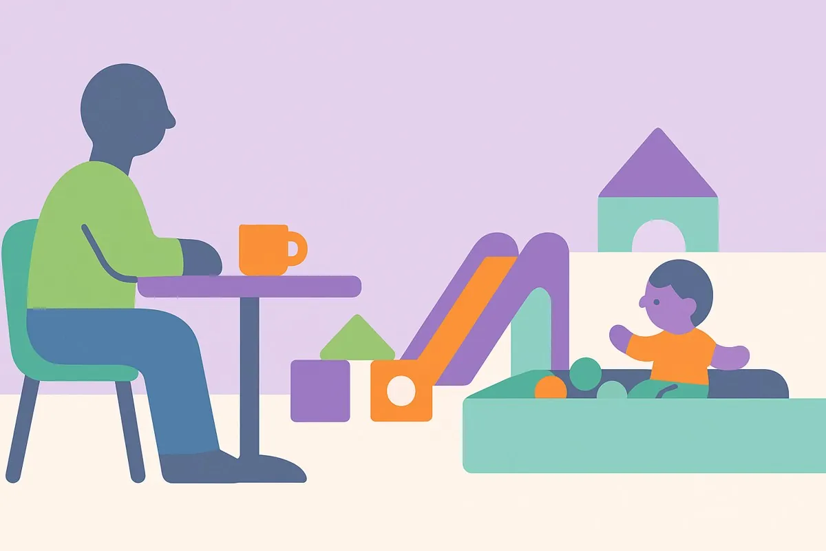 Illustration of a parent seated at a café table with a clear view across to a toddler play area with soft blocks and a ball pool