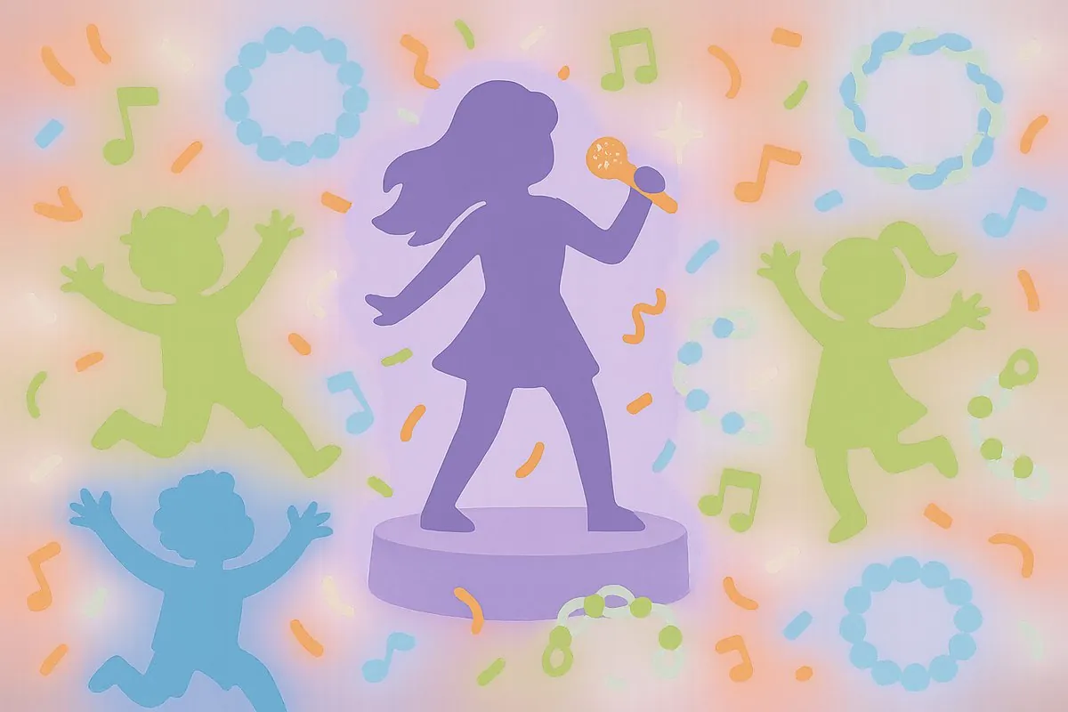 Illustrated pop star tribute event at Fun Street with dancing children silhouettes, confetti and friendship bracelets