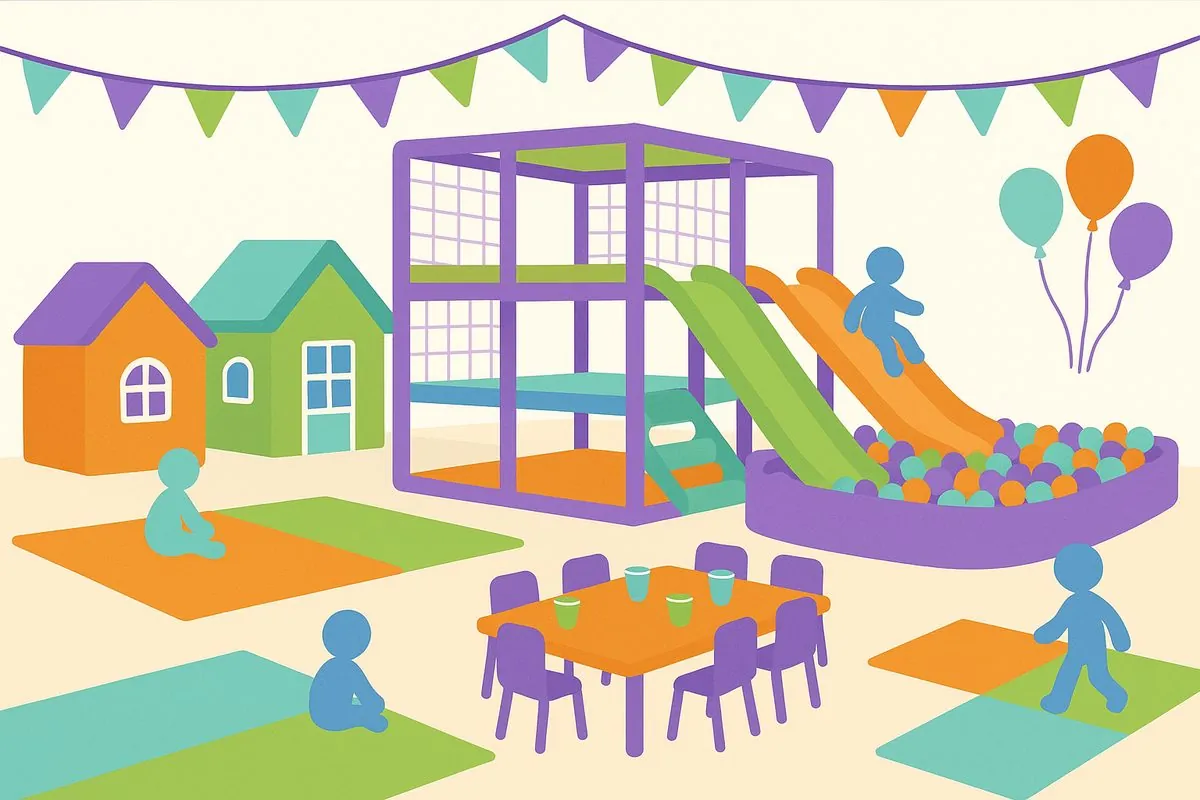 Flat illustration of an empty indoor soft play hall set up for a private party with a play frame, ball pit, playhouses, bunting and party tables