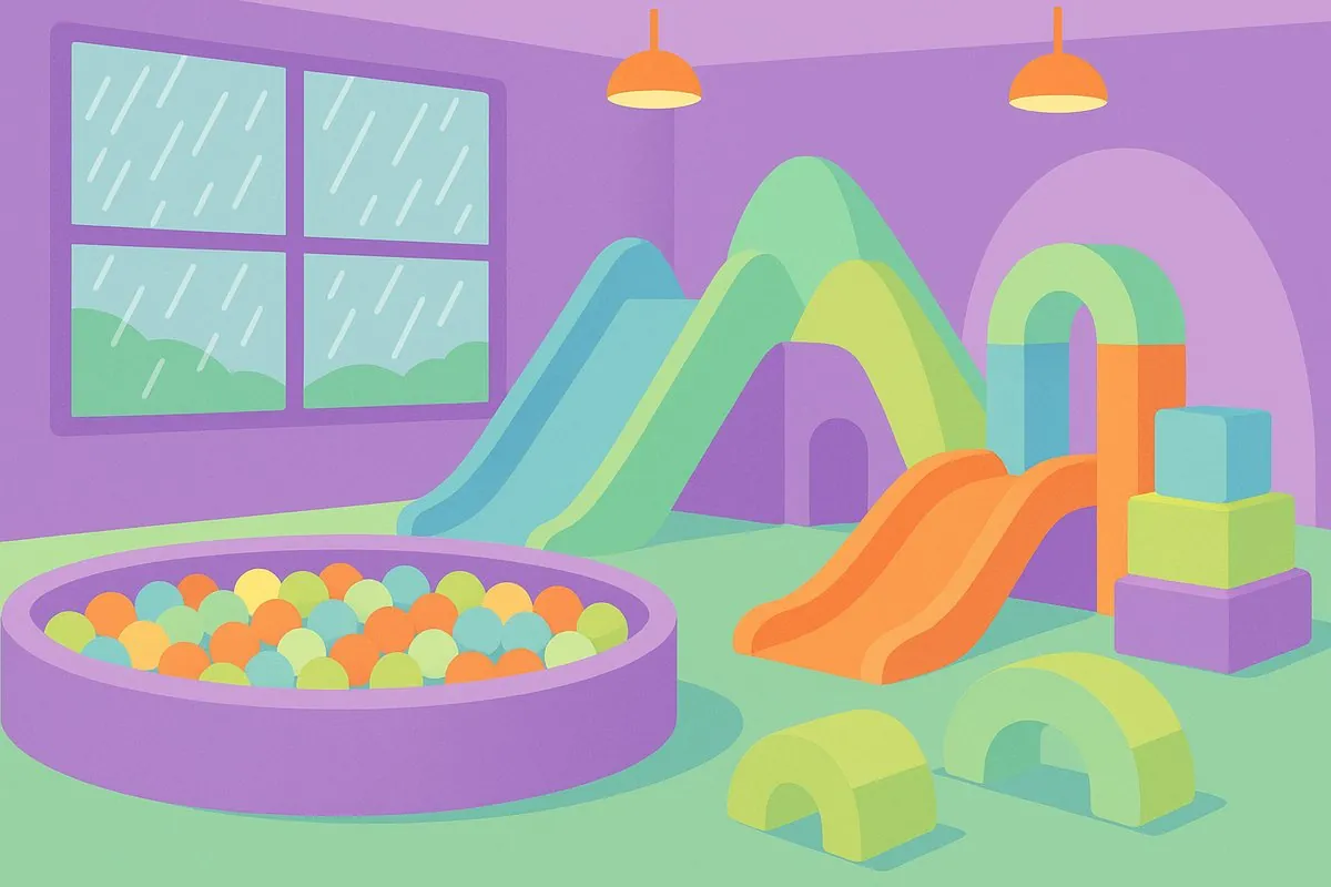 Bright indoor soft play with ball pit and slides on a rainy day in Glasgow