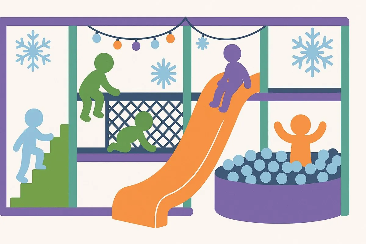 Flat illustration of children playing in a festive soft play frame after their grotto visit at Fun Street