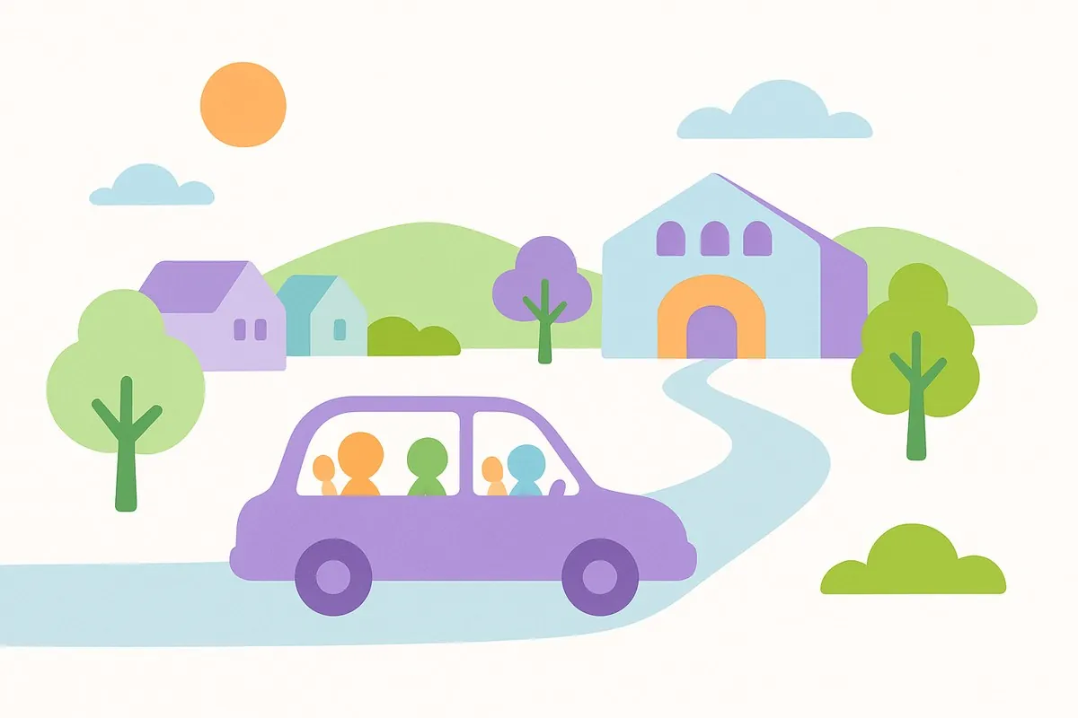 Flat illustration of a family car travelling from Barrhead towards Fun Street soft play at Silverburn in Glasgow