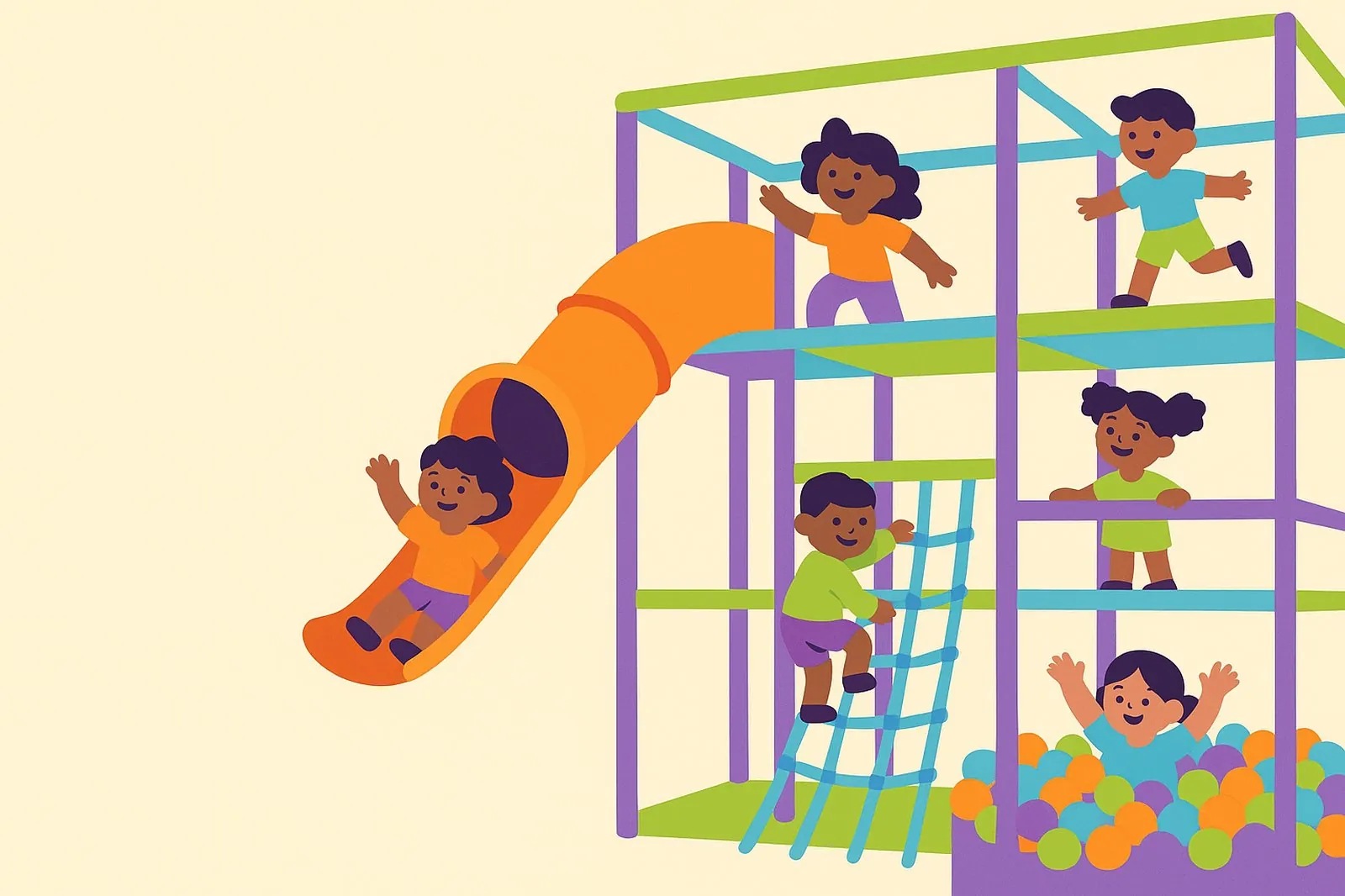 Flat brand illustration of children climbing, sliding and playing in a tall multi level soft play frame with a ball pool at Fun Street Glasgow