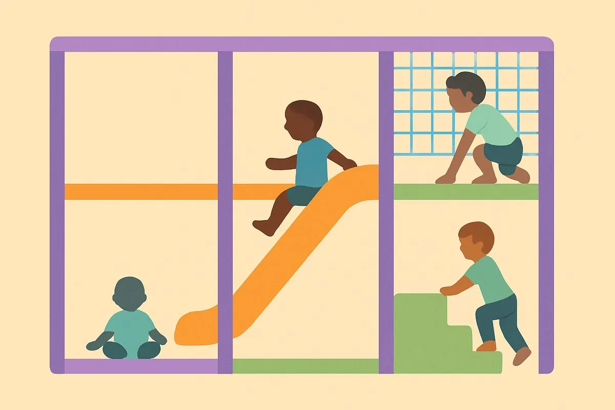 Flat illustration cutaway of a soft play frame with a baby on a mat, a toddler on foam steps, a child on a slide and an older child on a climbing net