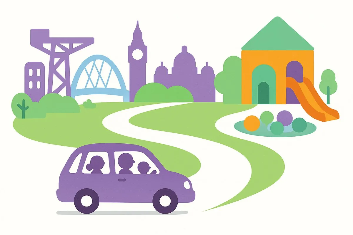 Illustration of the Glasgow skyline with a family car driving to Fun Street soft play at Silverburn