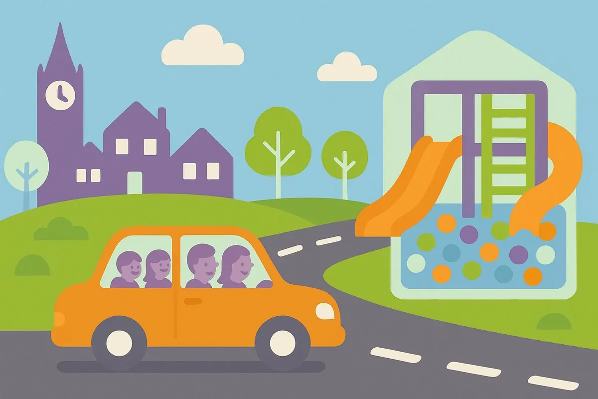Illustration of a family driving from Paisley to Fun Street indoor soft play at Silverburn