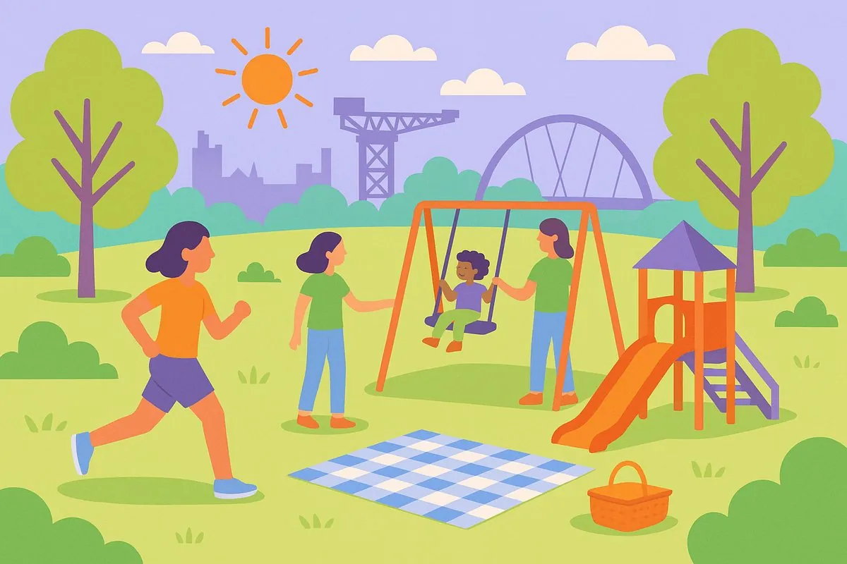 Family enjoying a sunny day at a Glasgow park with a playground